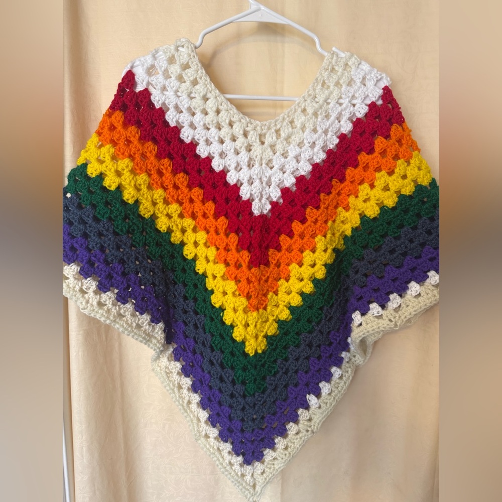 Rainbow Crochet Poncho Sweater,Winter Wear Women’s Size Medium Colorful Handmade